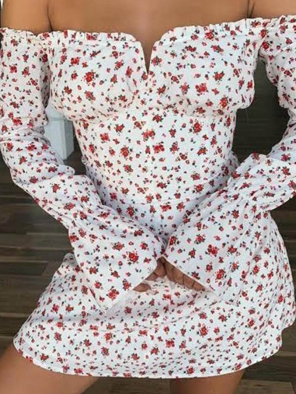 Tiger Mist Louisiana White Off-Shoulder Mini Dress with Red Floral Print